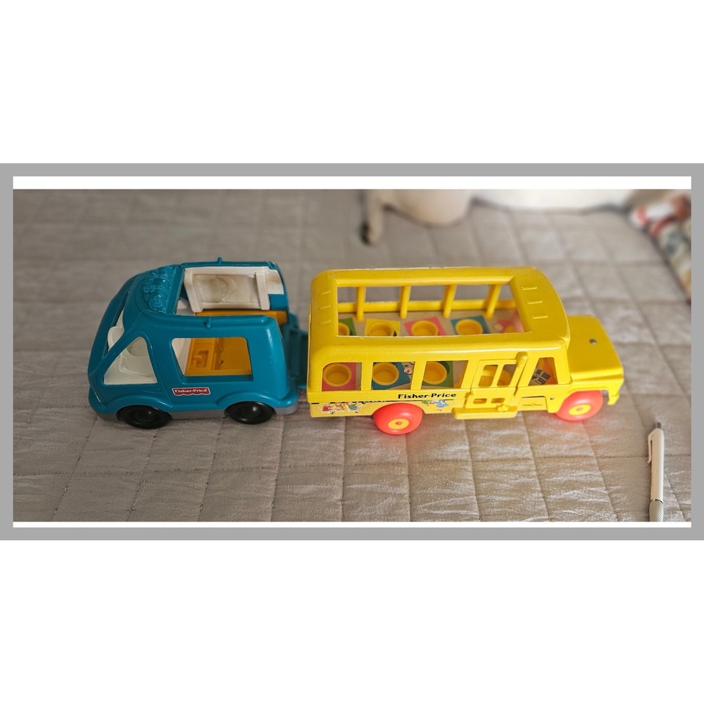 Vintage Fisher-Price Little People School Bus and Blue Camper Van Toy Set